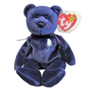 Ty Beanie Babies MINT Princess Diana Bear 8.5" Plush Purple Teddy White Rose